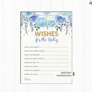 Boho Blau Gold Baby Shower Wünsche für die Baby Karte. Glitzer Gold Well Wishes Karte. Blaue Blumen Ratschlag Karte für Mama Coed Dusche FLO12C