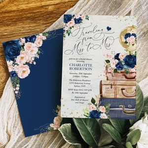 Navy Blush reizen bruids douche uitnodiging reizen van mevrouw naar mevrouw vintage bruids douche afdrukbare uitnodiging wereldkaart bloemen sjabloon TRA8