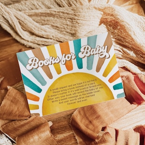 Bewerkbare Sunshine Baby Shower Boeken voor Baby Card Hier komt de zoon Baby Shower Retro Boho Sun Book Request Ticket Instant Download SN1