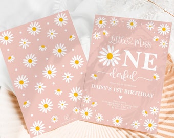 Boho Daisy Flowers Little Miss ONEderful Bohemian Daisy 1st Birthday Invitation Girl Birthday Party Blush EDITABLE TEMPLATE Download, DA1