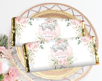 EDITABLE Elephant Chocolate Bar Wrapper, Blush Pink Jungle Candy Bar Wrapper, Girl Floral Birthday Favors Printable Template Download, EL17