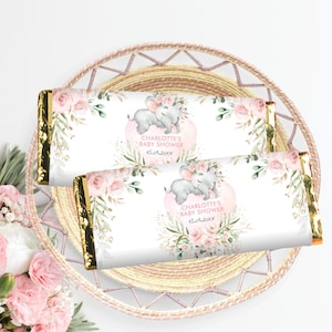EDITABLE Elephant Chocolate Bar Wrapper, Blush Pink Jungle Candy Bar Wrapper, Girl Floral Birthday Favors Printable Template Download, EL17