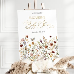 Editable Wildflower Baby Shower Welcome Sign Boho Garden Flowers Gender Neutral Poster Printable Vintage Floral Party Decor Template WF1