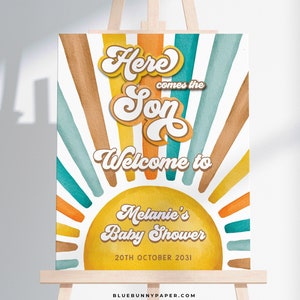 Editable Sunshine Baby Shower Welcome Sign Here Comes the Son Baby Boy Poster Retro Boho Sun 8x10 16x20 18x24 Printable Party Decoration SN1