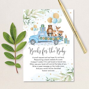 Livros da floresta para cartão de bebê. Chá de bebê Blue Gold Forest Greenery Traga um livro para impressão. Animais fofos passam por desfile. DB4