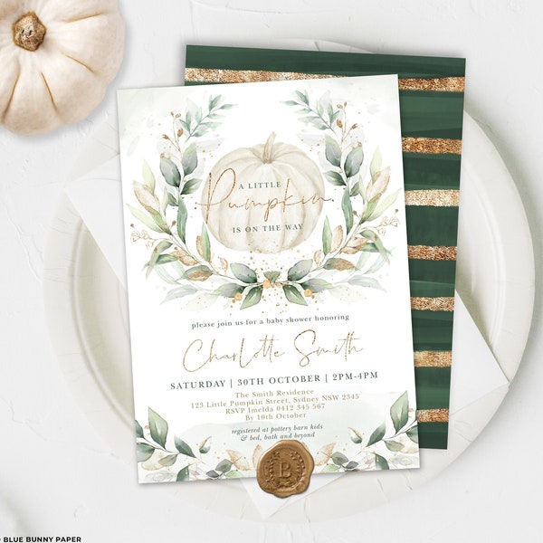 Editable Pumpkin Baby Shower Invitation, Fall Baby Shower Invite, Greenery Gold Gender Neutral Autumn Baby Shower Printable Template, PUM4