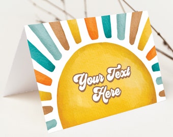 Editable Sunshine Folded Food Labels Here Comes The Sun Place Cards Groovy Buffet Tent Cards Retro Sun Boy Baby Shower Instant Download SN1