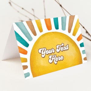 Bewerkbare zon gevouwen voedseletiketten Hier komt de zon plaatskaarten Groovy Buffet tentkaarten Retro Sun Boy Baby Shower Instant Download SN1