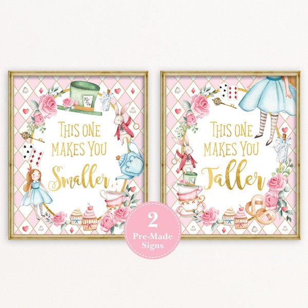 Pink Gold Alice in Wonderland Party Signs, Mad Tea Party Onederland Birthday Decor, Smaller Taller Baby Decorations INSTANT DOWNLOAD, AL1