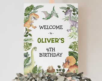 Greenery Dinosaur Welcome Sign Template Dino Birthday Party Decorations T Rex Printable Decor Prehistoric Baby Boy EDITABLE Download DIN3