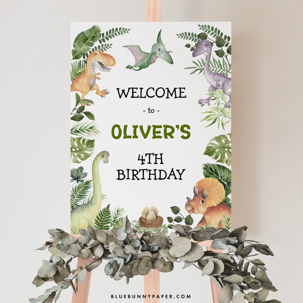 Greenery Dinosaur Welcome Sign Template Dino Birthday Party Decorations T Rex Printable Decor Prehistoric Baby Boy EDITABLE Download DIN3