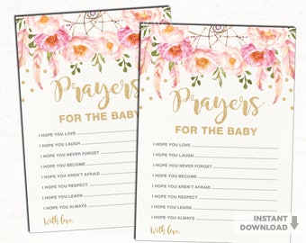 Prayers for Baby Card. Pink Floral Baptism Christening Baby Shower Printable Game. Blush Pink Gold Glitter Confetti Wishes for Baby. FLO12A