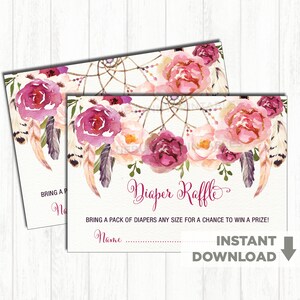 Tombola Boho Floral DIAPER. Carte d'invitation d'invitation de douche de bébé de fleur d'aquarelle de Boho. Jardin rustique Baby Shower Tea Party FLO13