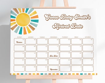 Editable Sunshine Baby Due Date Calendar Here Comes the Son Guess Baby's Birthday Game Boho Retro Sun Baby Prediction Template Download SN1