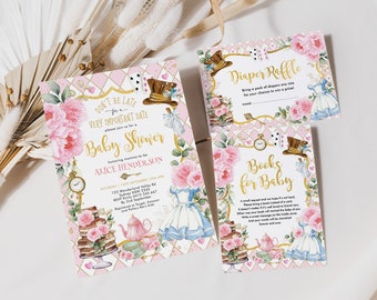 Alice in Wonderland Baby Shower Uitnodigingsbundel Mad Hatter Tea Party Invite Set Boekverzoek Luierloterij Afdrukbare BEWERKBARE Download AL3