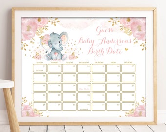 Girl Elephant Baby Due Date Calendar. Blush Floral Guess Baby's Birthday Game. Pink Gold Baby Prediction EDITABLE TEMPLATE Download. EL6