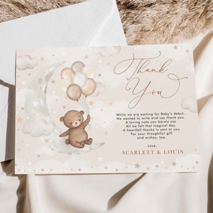 Modèle de carte de remerciement modifiable ours en peluche sur la lune, faveurs de baby shower de ballons d’ours, fête d’anniversaire neutre en matière de genre, téléchargement imprimable, BR6