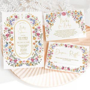 Buntes Wildblumen-Babyparty-Einladungs-Bundle Heller Frühling Blumen laden Bücher für Baby-Windel-Verlosung EDITIERBARE VORLAGEN Download, FLO2