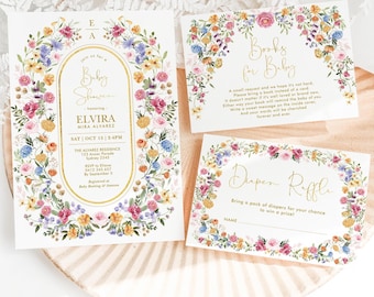 Baby in Bloom Wildflower Baby Shower Bundle: Invitation, Book Request, Diaper Raffle, EDITABLE TEMPLATES, FLO2