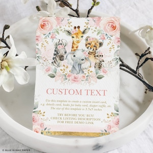 Blush Floral Jungle Insert Card Plantilla EDITABLE, Tarjeta de recinto de baby shower de animales de safari para niñas, DESCARGA INSTANTÁNEA de un cumpleaños salvaje, SAF8