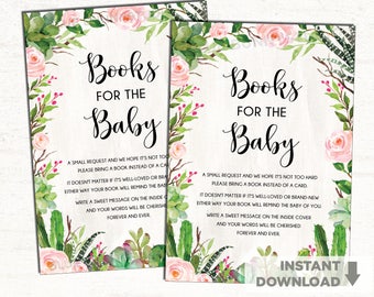 Sukkulenten BRING A BOOK anstelle einer Karte. Kaktus Baby Shower Einsatz Karte. Rosa Blumen Rosen Buch Wunsch. Beilagenkarte zum Ausdrucken. CAC1