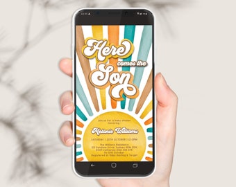 Editable Here Comes the Son Baby Shower Electronic Invitation Baby Boy Sunshine Shower Evite Text Message Retro Sun Instant Download SN1