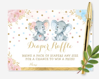 Twin Elephant Diaper Raffle. Blue Pink Gold Floral Jungle Baby Shower Printable. Elephant Twins Gender Reveal Instant Download. EL6