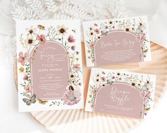 Fairy Baby Shower Invitation Bundle: Dusty Pink Wildflower Invite Package Editable Templates, FA5