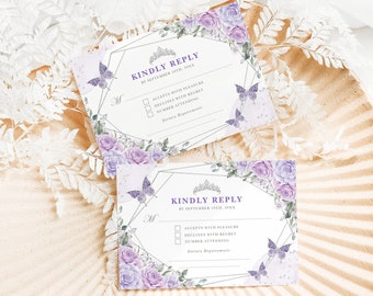 Purple Silver Quinceañera RSVP Card EDITABLE Mis Quince 15 Anos Birthday Insert Template Lavender Lilac Floral Printable Download, FLO21