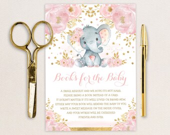 Blush Floral Elephant Baby Shower Books for Baby Card. Girl Elephant Bring a Book Printable. Feminine Pink Gold Stars INSTANT DOWNLOAD. EL6