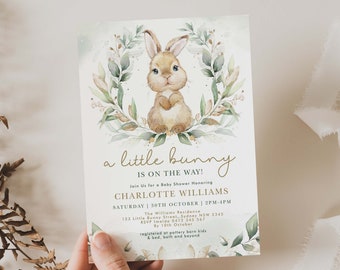Editable Bunny Baby Shower Invitation, Greenery Rabbit Baby Shower Invite, Eucalyptus Wreath Printable Template Download, BUN1