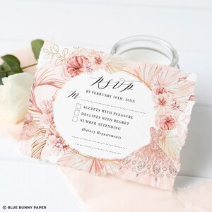 Carte RSVP Blush Quinceañera MODIFIABLE, Boho Pampas Mis Quince 15 Anos Birthday Insert Template, Paume séchée Téléchargement imprimable, PAM1