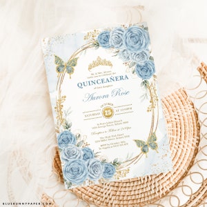 Modello di invito Quinceanera oro blu polveroso Baby Blue floreale Mis Quince 15 Anos compleanno modificabile invito tiara corona farfalle FLO45