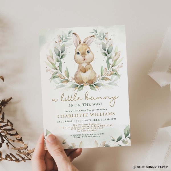 Editable Bunny Baby Shower Invitation, Greenery Rabbit Baby Shower Invite, Eucalyptus Wreath Printable Template Download, BUN1