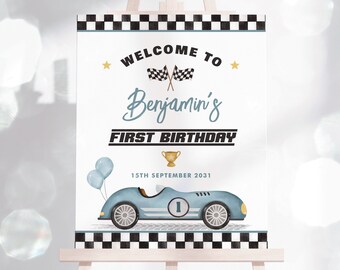 Editable Fast One Birthday Welcome Sign, Blue Vintage Racing Car 1st Birthday Party Sign, Retro Racecar Printable Decorations Download, RC1