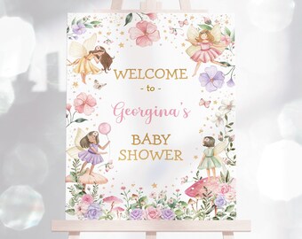 Fairy Baby Shower Welcome Sign Editable Template Enchanted Forest Whimsical Floral Fairies Theme Party Magical Princess Instant Download FA4