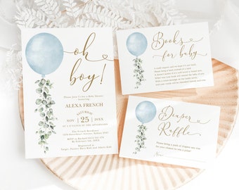 Puede incluir: Invitación a baby shower azul y dorada con un globo azul y hojas de eucalipto. La invitación dice "Oh boy!" e incluye el nombre Alexa French, la fecha 25 de noviembre y la hora 7 de la tarde. También hay dos tarjetas para una rifa de libros y pañales.
