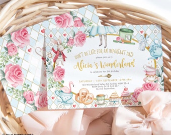 May include: Alice in Wonderland themed birthday party invitation with a blue and white checkered background, pink roses, and illustrations of Alice, the Mad Hatter, the White Rabbit, and a flamingo. The text reads "Don't be late for an important date, please join us in Alicia's Wonderland to celebrate her 5th birthday. Saturday, 14th September, 2 PM - 4 PM, 123 Wonderland Valley Rd, Sydney NSW 2345, RSVP Emily 0412 345 667, By 2nd September."
