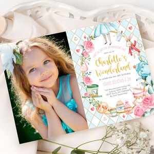 Alice in Wonderland Editable Invite, Pink Floral Onederland 1st Birthday Invitation Template, Mad Tea Party Printable Instant Download, AL1