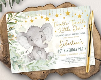 Editable Twinkle Twinkle Little Star Birthday Invitation. Elephant Moon and Stars Printable Invite. Greenery and Gold EDITABLE TEMPLATE EL15