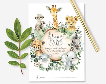 Rustic Safari Diaper Raffle. Greenery Jungle Animals Baby Shower Printable Card. Elephant Giraffe Zebra Instant Download. JUN13