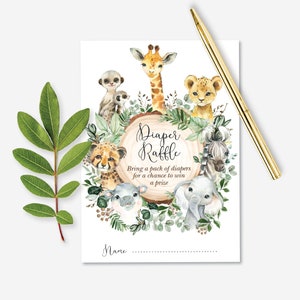 Tombola de couches Safari rustique. Carte imprimable de douche de bébé animaux de la jungle de verdure. Téléchargement instantané éléphant girafe zèbre. 13 JUIN