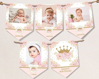 Crown Princess Monthly Photo Banner, Blush Gold Floral Royal 1st Birthday Party Printable Decorations, Baby Girl INSTANT DOWNLOAD, FLO18I