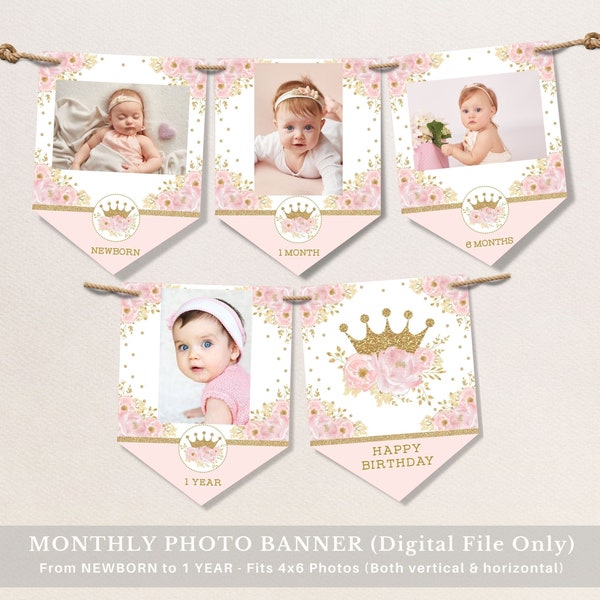 Crown Princess Monthly Photo Banner, Blush Gold Floral Royal 1st Birthday Party Printable Decorations, Baby Girl INSTANT DOWNLOAD, FLO18I