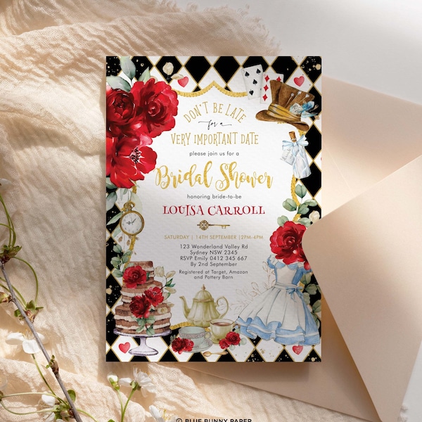 Alice in Wonderland Bridal Shower Invitation, Red Flower Mad Hatter Wedding Tea Party Invite Printable, Editable Template Download, AL4