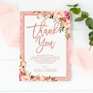 EDITIERBARE Rose Gold Floral Dankeschön-Karte. Babypartybevorzugungen Herunterladen. Taufe Geburtstagsparty druckbare Vorlage. FLO30