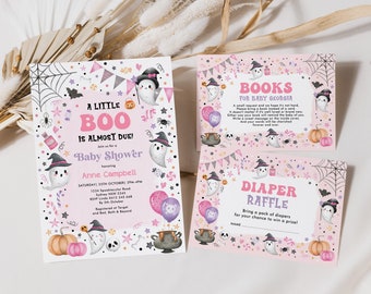 May include: A pink and white baby shower invitation with a ghost and pumpkin theme. The invitation says "A Little Boo is Almost Due!" and includes details for the shower, including the date, time, and location. There are also two smaller cards for a book and diaper raffle.