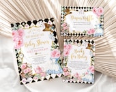 Alice in Wonderland Baby Shower Invitation Bundle: Pink Black Tea Party Editable Templates, AL3