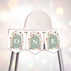 Sage Green Fairy High Chair Banner, Wildflower Fairy 1st Birthday Decorations, ONE Banner, Pink Boho Tea Party Decor INSTANT DOWNLOAD, FA5