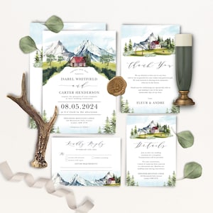 Faire-part de mariage montagne Suite forêt arbres à feuilles persistantes modèle d'invitation de mariage Bundle Alpes paysage carte de remerciement modifiable téléchargement MT1